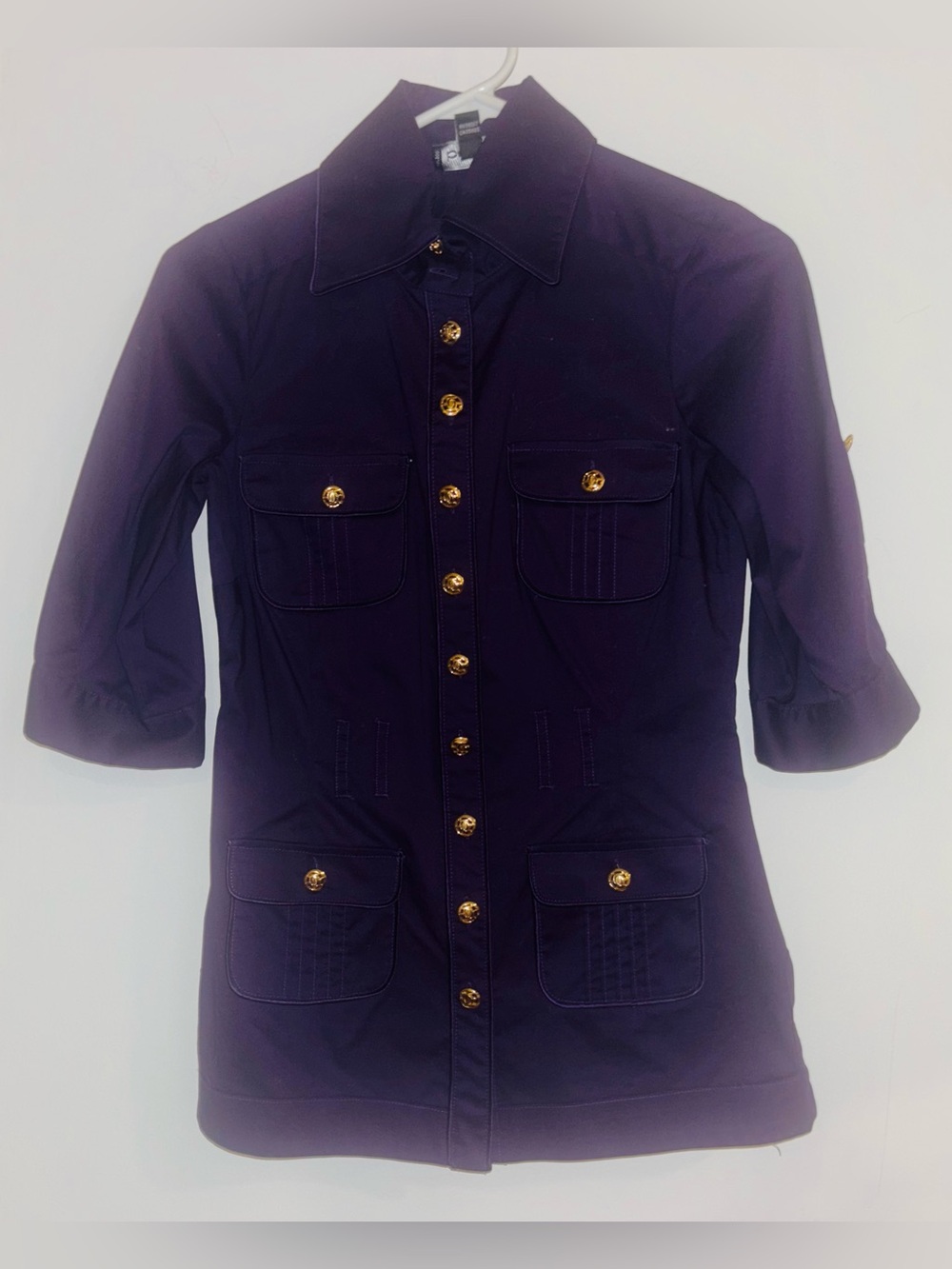 bebe Purple Button-Front Shirt Jacket with Gold Buttons